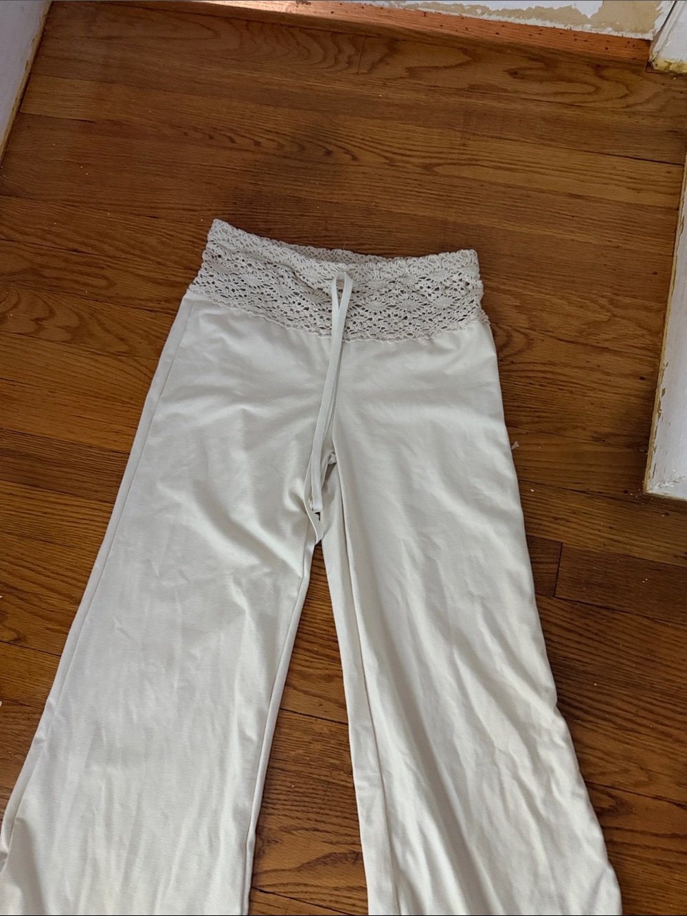 Cream color wide leggings with lace waist